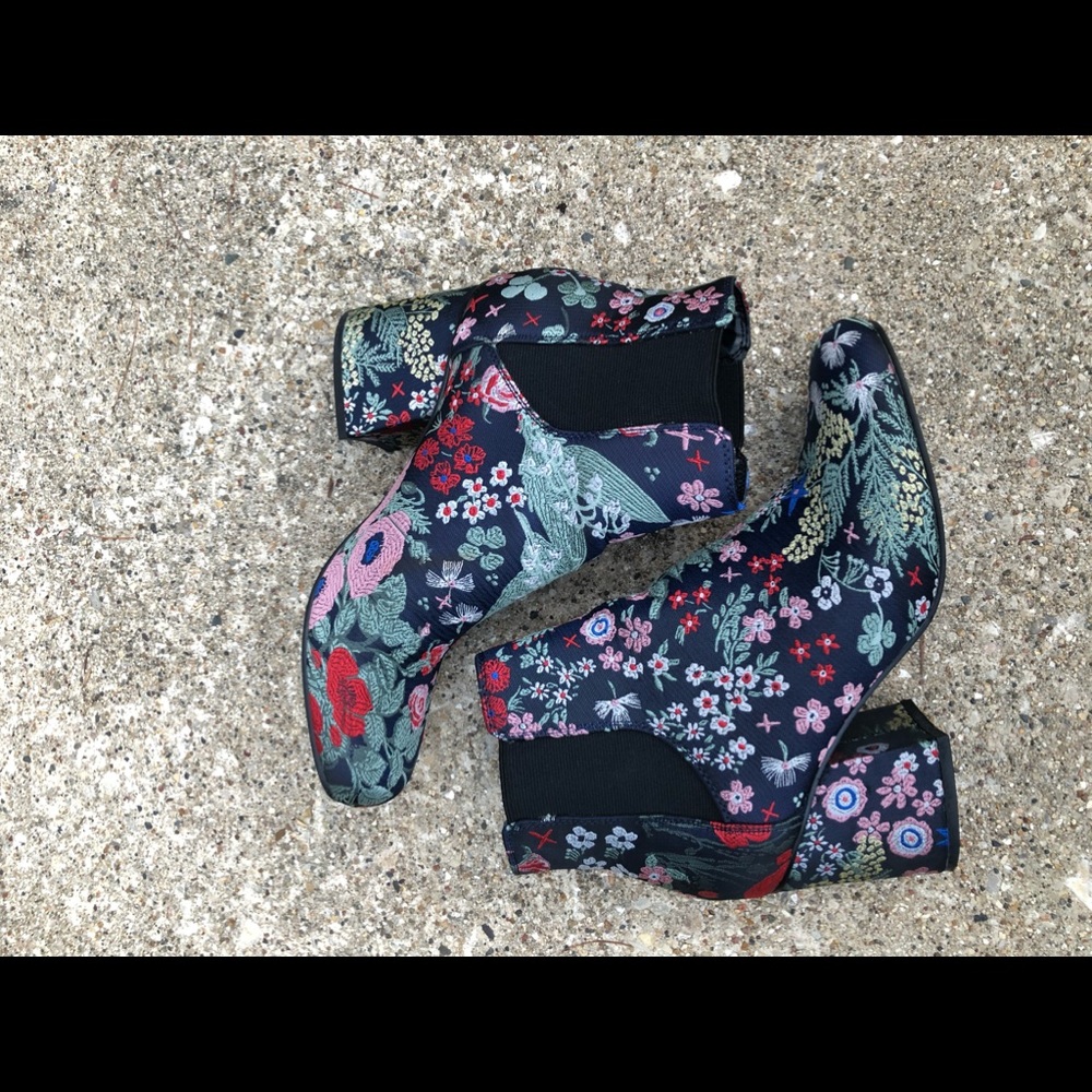 Brocade block heel ankle boots